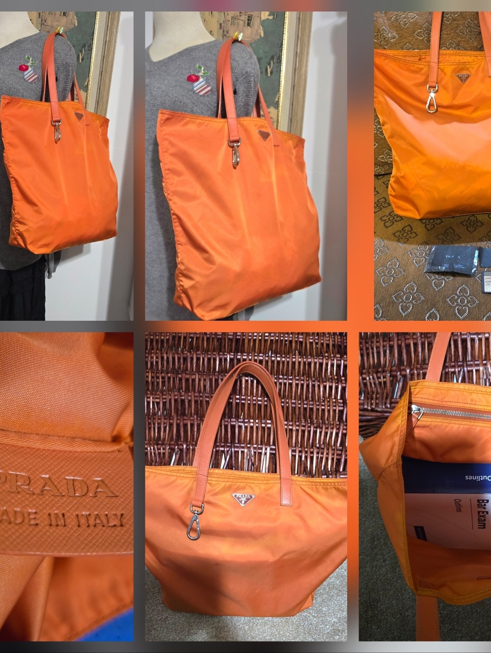 PRADA SAFFIANO ORANGE NYLON ARANCIO SHOPPING SCHOOL TOTE BAG-ITALY